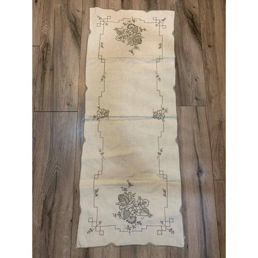 Vintage White Linen Table Runner With Gray Rose Floral Embroidery Cutout 17x 38"